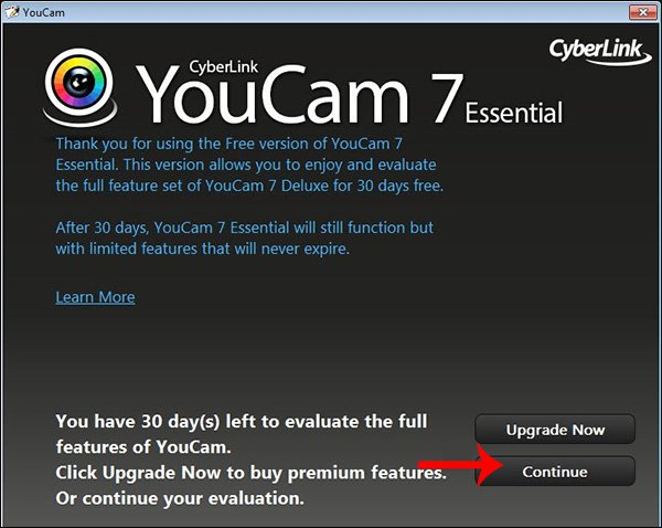 Ấn Continue để hoàn tất quá trình cài đặt CyberLink YouCam