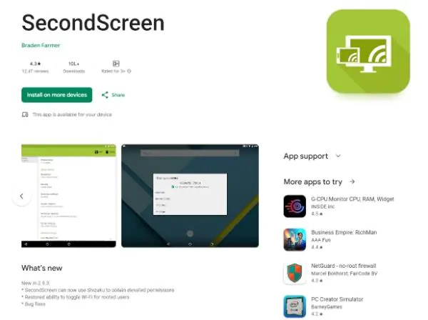 Giao diện phần mềm SecondScreen hỗ trợ chiếu màn hình điện thoại lên tường