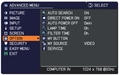menu điều khiển máy chiếu