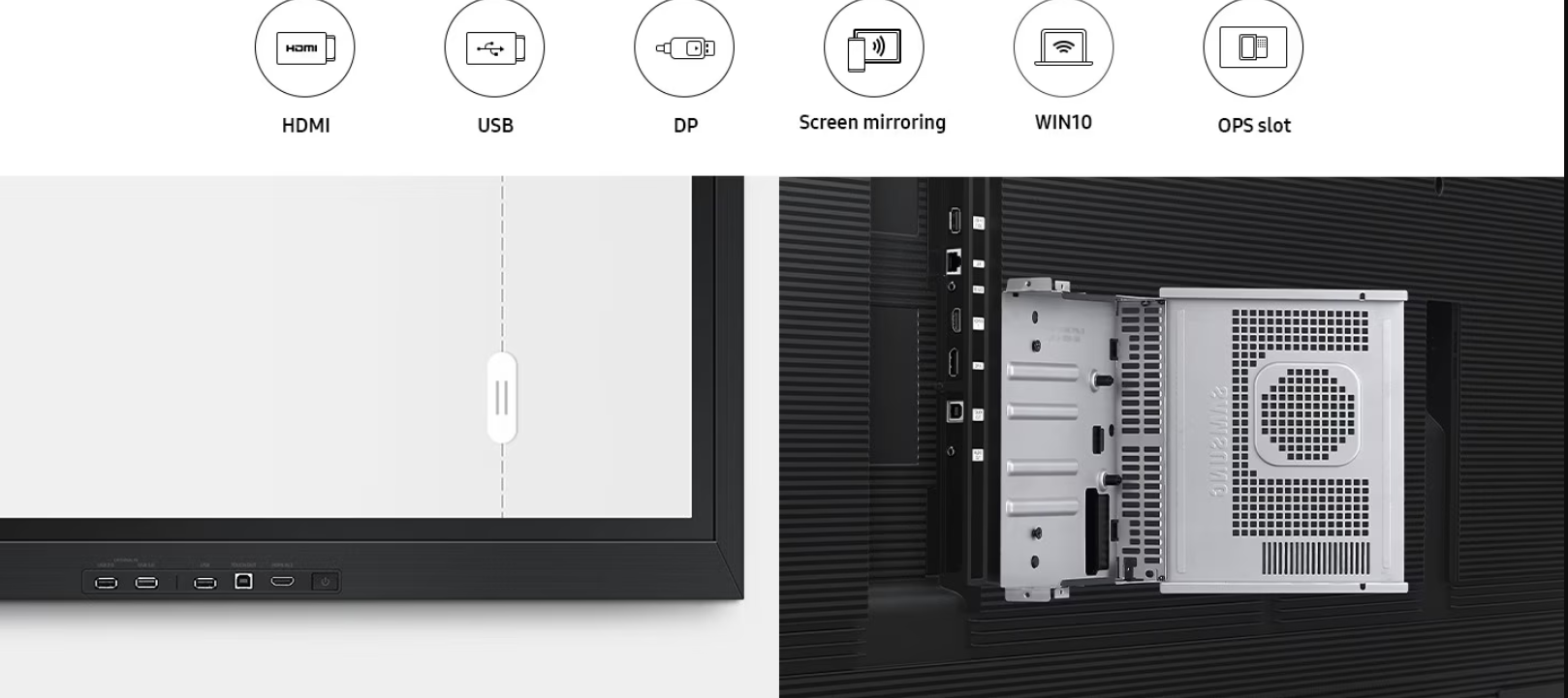 Màn hình tương tác Samsung Flip 85 inch cho phép kết nối dễ dàng với nhiều thiết bị